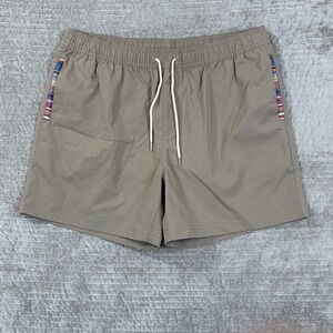 WOWIE Men's Khaki Elastic Waist Drawstring Shorts with Tribal Trim X-Large